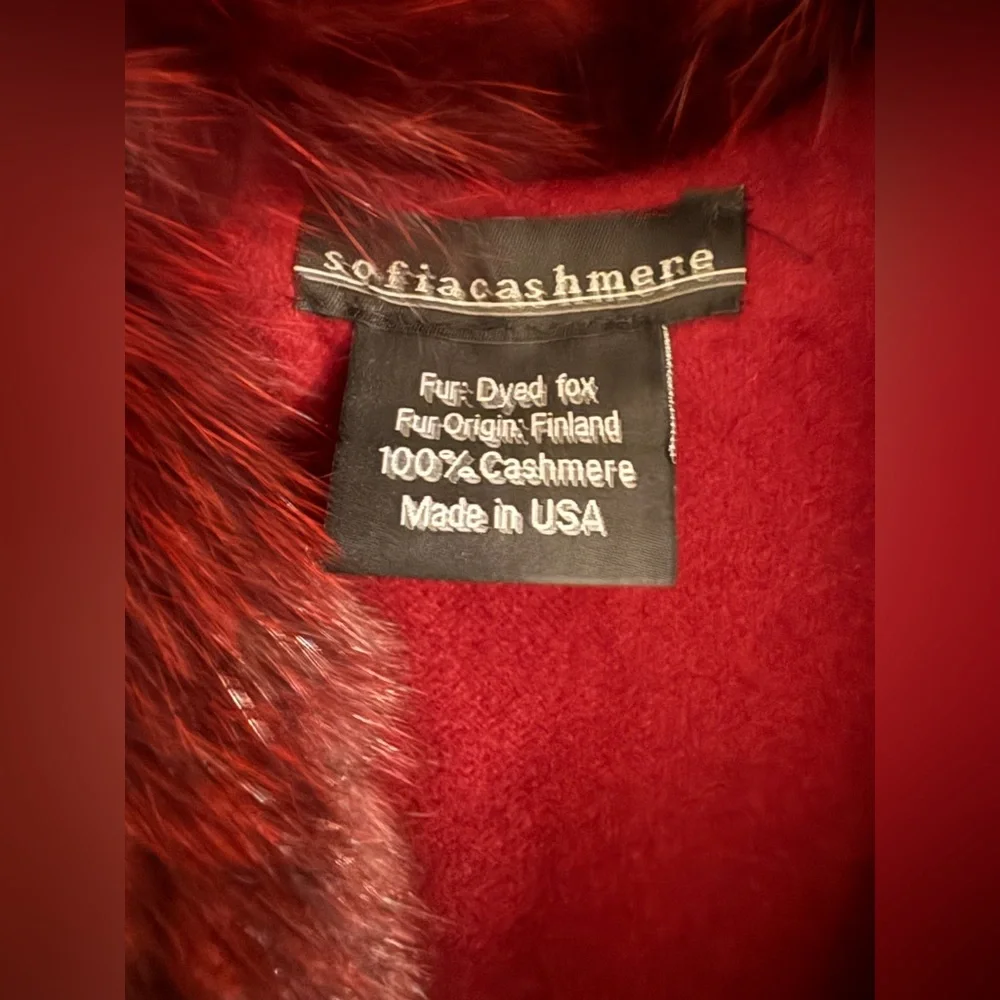 Sofia Cashmere Cervinia Fox Fur Trimmed Burgundy Garnet Red Cape - Petite Length - Picture 5 of 13